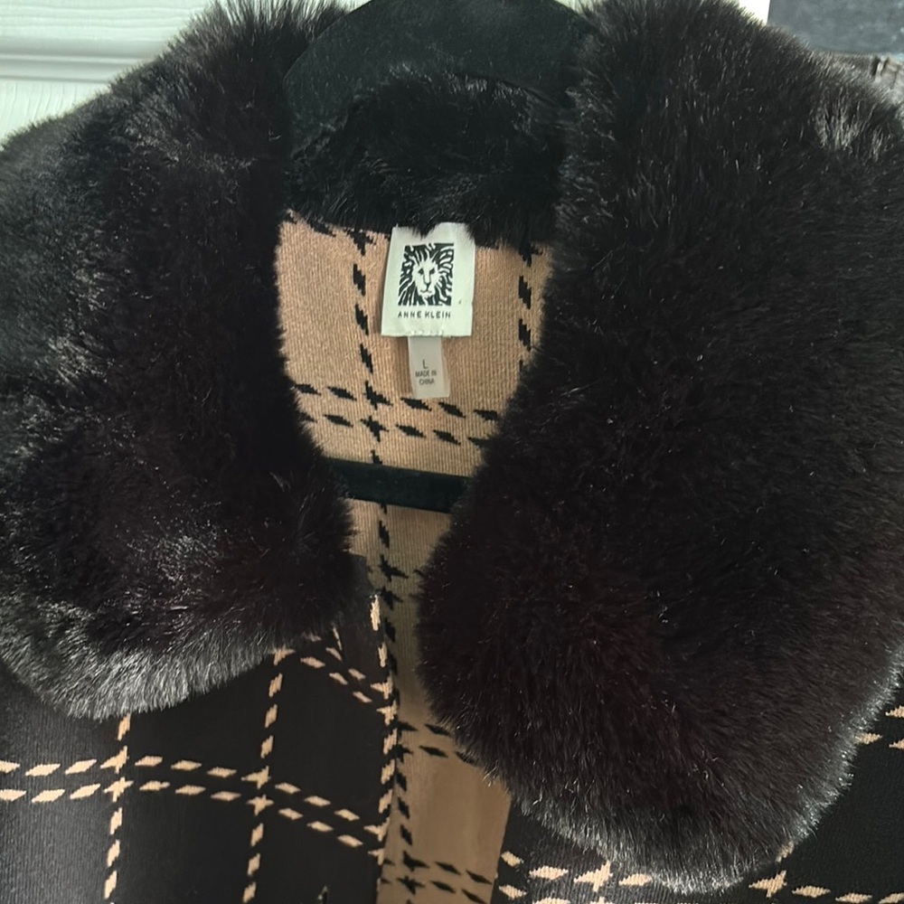 Anne Klein Black and Tan Plaid Coat with Faux Fur Collar